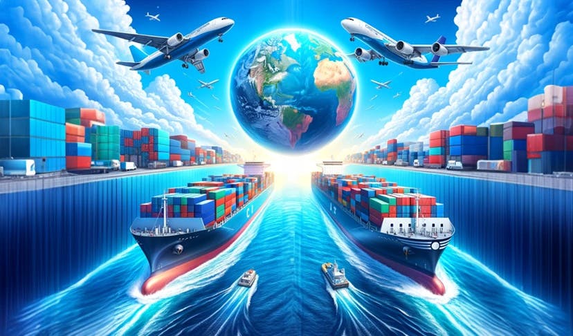 Ilustrasi udara dan laut dalam kontens pengiriman barang.