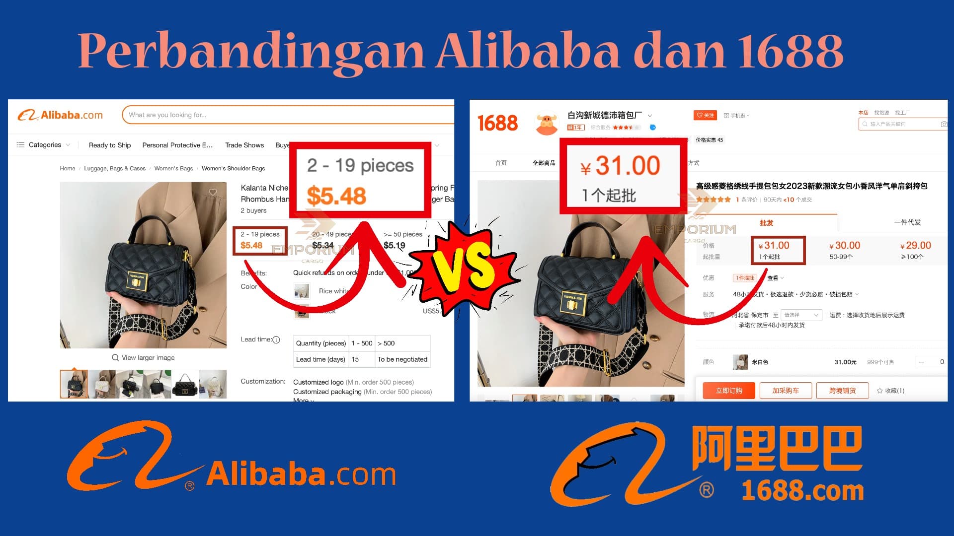 Perbedaan antara harga tas fashion di 1688.com dan alibabal.com terlihat kalau 1688 memiliki harga yang lebih menarik.